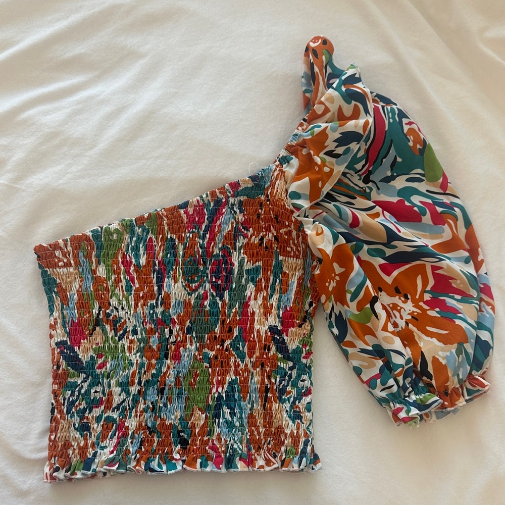 Colorful One-Shoulder Smocked Top